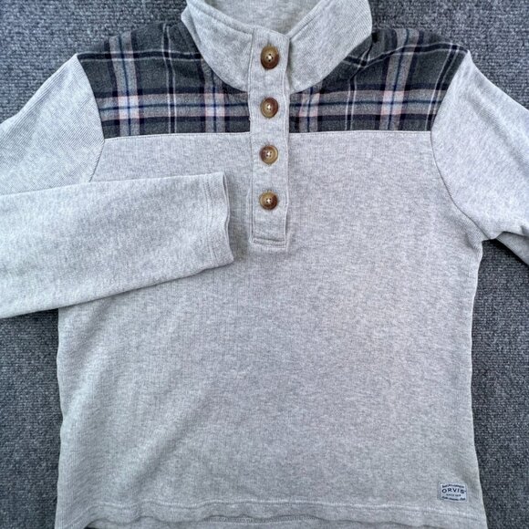 Orvis Womens Sweatshirt Pullover 1/4 Button Solid Gray Long Sleeve Knit Cotton - Picture 1 of 10
